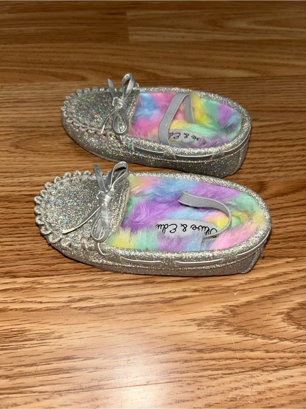 Olive & Edie Silver Glitter Kids Moccasins with Rainbow Faux-Fur